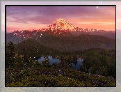 Las, Góry, Księżyc, Jezioro, Stany Zjednoczone, Góra Tolmie Peak, Stan Waszyngton, Zachód słońca, Park Narodowy Mount Rainier