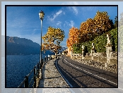 Włochy, Jesień, Drzewa, Jezioro Como, Lago di Como, Droga, Latarnia