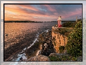 Latarnia morska, Poranek, Drzewa, Morze, Kamienie, Australia, Hornby Lighthouse, Skały