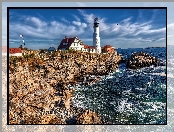 Latarnia morska Portland Head Light, Morze, Skały, Zatoka Casco, Cape Elizabeth, Stan Maine, Stany Zjednoczone