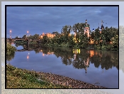 Latarnie, Rzeka Wołogda, Cerkiew Objawienia Pańskiego, Poranek, Rosja, Most, Obwód wołogodzki, Drzewa, Wołogda