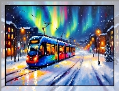 Śnieg, Zorze polarna, Latarnie, Zima, Domy, Tramwaj