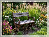 Wysokie, Trawy, Ogród, Grafika AI, Kwitnące, Kwiaty, Ławka