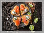 Kanapki, Limonka, Talerz, Serduszka, Gofry, Łosoś, Ser biały