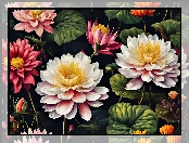 Lilie wodne, Kwiaty, Liście, Kolorowe, Grafika