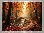 Liście, Drzewa, AI, Rzeka, Mostek, Las, Jesień, Pożółkłe, Ścieżka