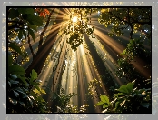 Las, Przebijające światło, Liście, Drzewa, Grafika AI