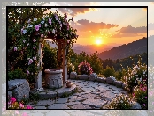 Kamienie, Zachód słońca, Budowla, Góry, Kolorowe, Kwiaty, Łuk