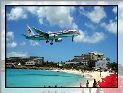 St Maarten, Morze, Hotel, Lądujący, Samolot, Ludzie, Plaża