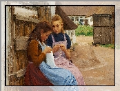 Wieś, Obraz, Hans Andersen Bradekilde, Podwórze, Dziewczyny, Robótki ręczne, Malarstwo
