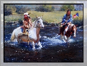 Malarstwo, Rzeka, Konie, Indianie