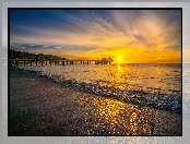 Malibu, Kalifornia, Wschód słońca, Stany Zjednoczone, Molo, Plaża, Morze
