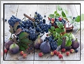Maliny, Figi, Winogrona, Drewniany, Borówki, Blat