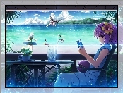 Manga, Dziewczyna, Patio, Woda, Niebo