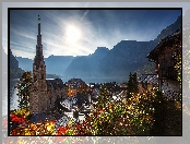 Austria, Kościół pw. Wniebowzięcia Matki Bożej, Domy, Hallstatt, Jezioro Hallstättersee, Góry, Alpy Salzburskie