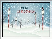 Drzewa, Merry Christmas, 2D, Latarnie, Ptaki, Śnieg, Napis