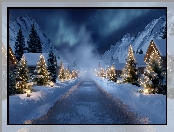 Mgła, Boże Narodzenie, Zima, Grafika AI, Choinki, Góry, Droga