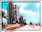 Plaża, Miami, Floryda, Turyści, Wieżowce, Palmy, Ocean