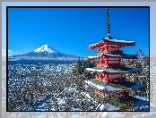 Miasto, Fudżi, Świątynia, Japonia, Wulkan, Zima