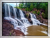 Wodospady, Skały, Rzeka, Stany Zjednoczone, Gooseberry River, Drzewa, Waterfalls Middle Falls, Minnesota