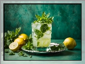 Zielone, Cytryny, Mojito, Taca, Szklanka, Koktajl alkoholowy, Kostki, Lodu, Mięta, Tło Alkohole