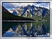 Jezioro, Alberta, Drzewa, Kanada, Lake Minnewanka, Góry Skaliste, Odbicie, Park Narodowy Banff