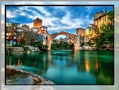 Miasteczko, Niebo, Bośnia i Hercegowina, Mostar, Most, Rzeka, Neretwa