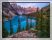 Park Narodowy Banff, Drzewa, Jezioro, Kanada, Moraine Lake, Skała, Góry, Alberta