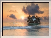 Morze, Łódka, Tanzania, Wędkarz, Miejscowość Michamvi, The Rock Restaurant Zanzibar, Dom, Wschód słońca, Chmury, Restauracja