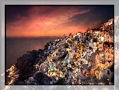 Domy, Morze, Zachód słońca, Grecja, Miasteczko, Santorini