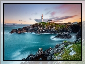 Morze, Portsalon, Fanad Head Lighthouse, Irlandia Północna, Latarnia morska, Skały, Wschód słońca, Chmury