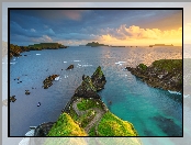Morze, Irlandia, Zachód słońca, Skały, Dunquin Pier, Hrabstwo Kerry