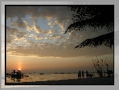 Morze, Zachód Słońca, Plaża, Ludzie