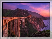 Most Bixby Creek Bridge, Kalifornia, Góry, Stany Zjednoczone, Wybrzeże, Morze, Zachód słońca, Region Big Sur