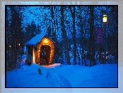 Most, Przejście, Stany Zjednoczone, Oświetlone, Stan New Hampshire, Gilford, Tannery Hill Covered Bridge, Zima, Latarnie, Drzewa