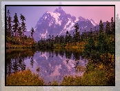Góra, Jesień, Picture Lake, Mount Shuksan Drzewa, Stany Zjednoczone, Góry, Stan Waszyngton, Jezioro, Odbicie