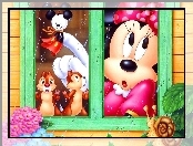 Myszka Miki, okno, przyjaciele