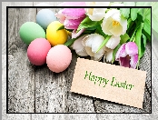 Wielkanoc, Napis, Happy Easter, Kolorowe, Pisanki, Tulipany, Kartka