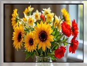 Słoneczniki, Narcyzy, Bukiet kwiatów, Maki