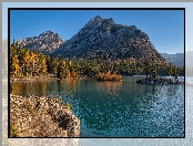 Lake Minnewanka, Alberta, Drzewa, Góry, Park Narodowy Banff, Kanada, Skały, Jezioro