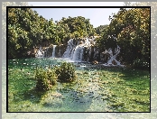 Rzeka, Park Narodowy Krka, Chorwacja, Wodospad, Skradinski Buk Waterfall, Krzewy, Drzewa
