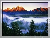 Góry, Narodowy, Park, Las, Grand Teton, Mgła