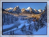 Zima, Park Narodowy Banff, Lasy, Rzeka, Góry, Pociąg, Kanada, Góry Skaliste