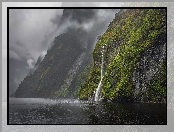 Góry, Park Narodowy Fiordland, Nowa Zelandia, Mgła, Wodospad, Fiord, Doubtful Sound