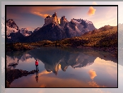 Park Narodowy Torres del Paine, Cordillera del Paine, Chile, Góry, Patagonia, Wschód słońca, Jezioro Pehoe, Masyw, Torres del Paine, Człowiek