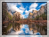 Stany Zjednoczone, Drzewa, Park Narodowy Yosemite, Chmury, Kalifornia, Góry Sierra Nevada, Rzeka, Merced River