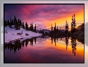 Stany Zjednoczone, Zima, Park Narodowy Mount Rainier, Drzewa, Stan Waszyngton, Jezioro, Zachód Słońca, Góry