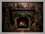 Choinki, Dekoracje, Boże Narodzenie, Kominek, Grafika AI