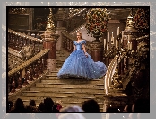 Suknia, Dziewczyna, Kopciuszek, Schody, Lily James, Niebieska, Aktorka, Film, Cinderella