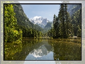 Austria, Chmury, Jezioro Gosauseen, Mgła, Góry Dachstein, Drzewa, Las, Niebo